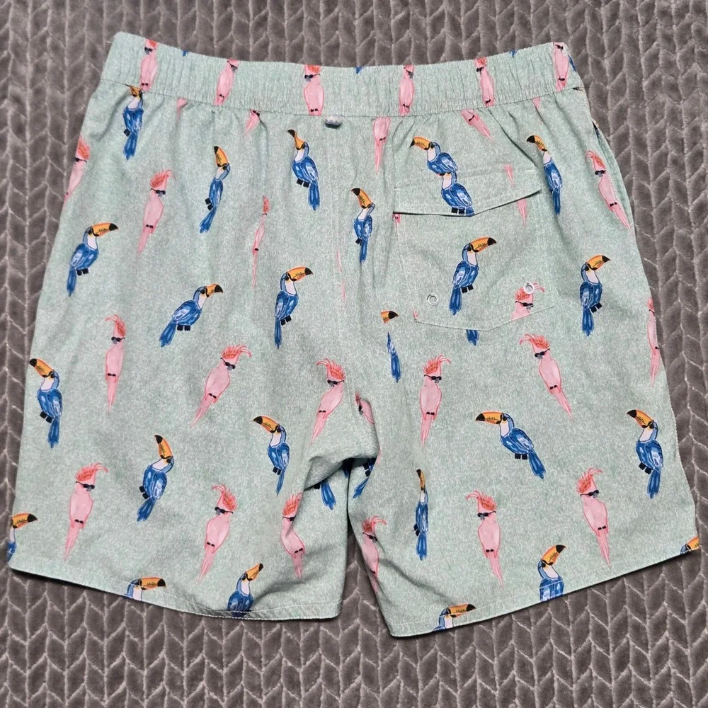 Johnnie-O Mens Tropical Bird Print Swim Trunks Mint Green Toucan Cockatoo Size M